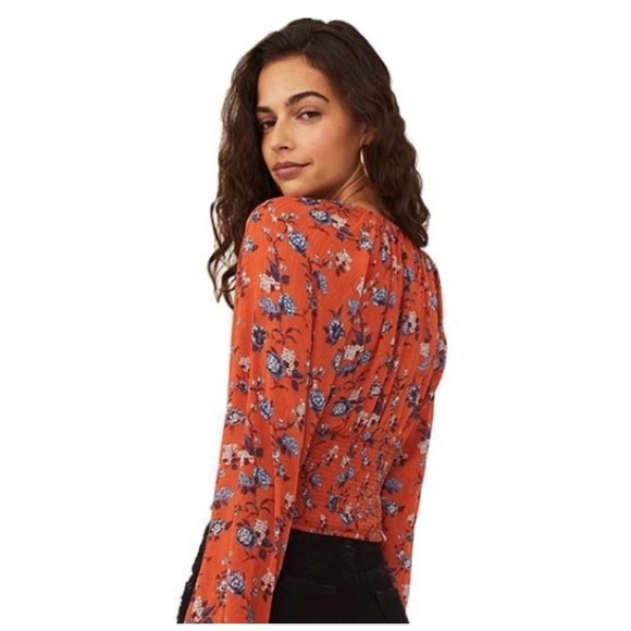 Free People Final Rose Floral Print Deep V-Neck Long Balloon Sleeve Ruched Top M - Picture 11 of 14